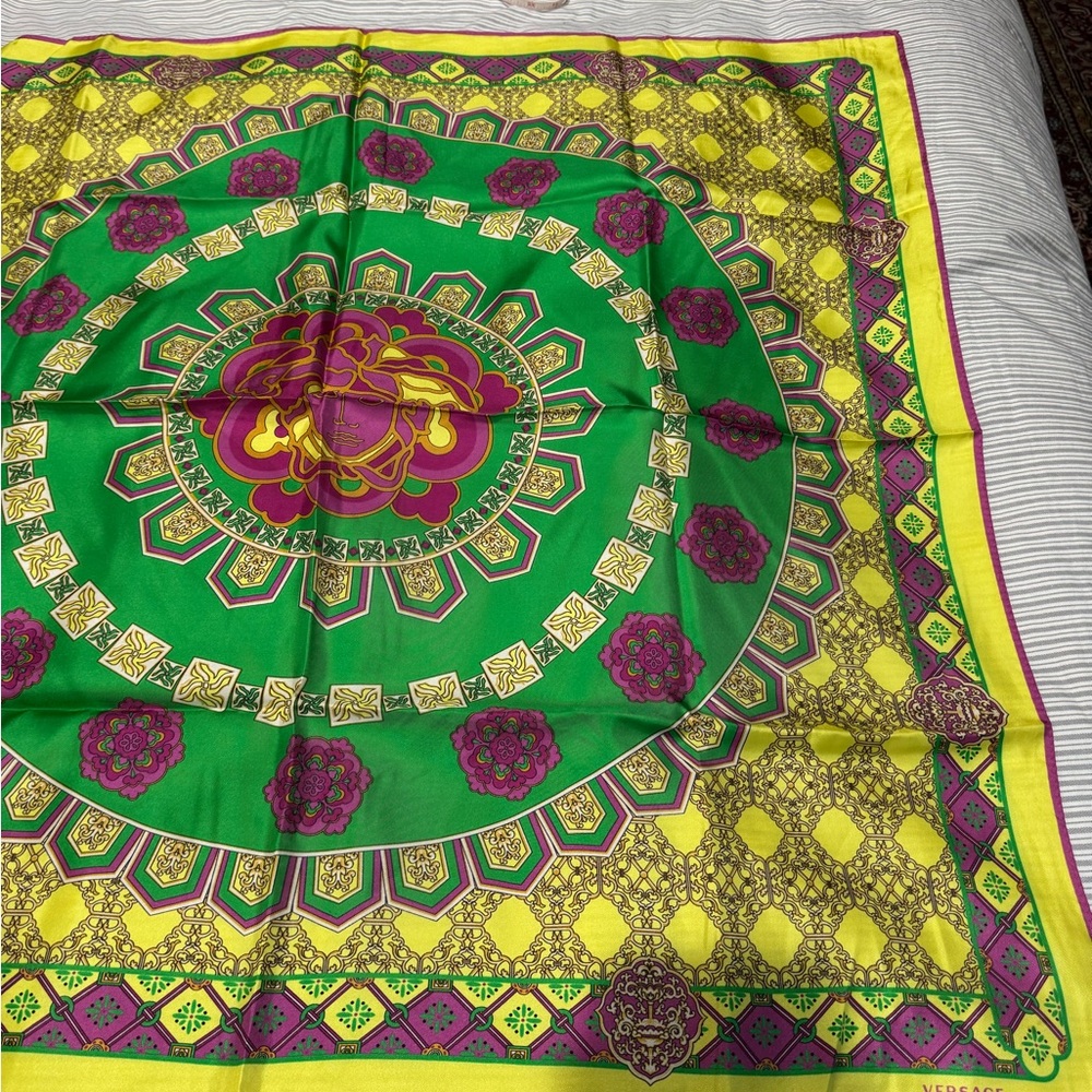 Versace Green and Yellow silk Scarf approximately 34X35”